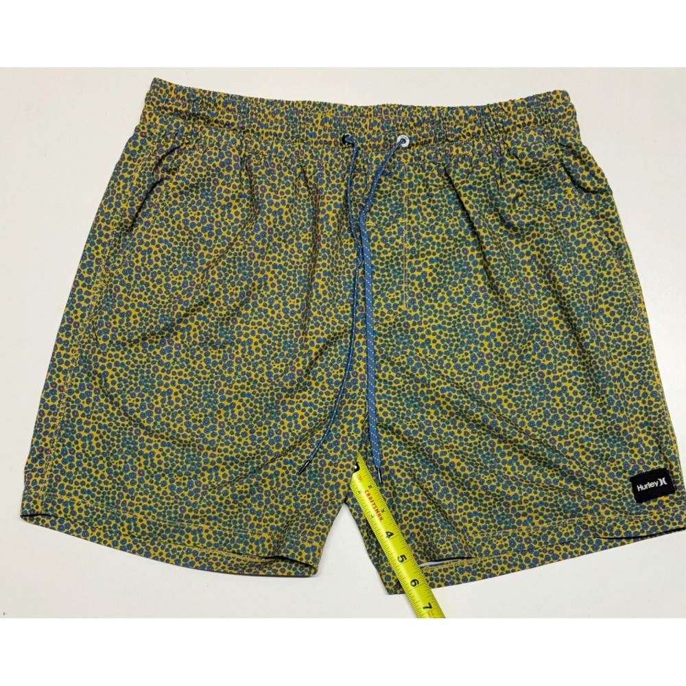 Hurley Phantom Mens Swim Trunks Large Yellow Blue Leopard Print Board Shorts 6in